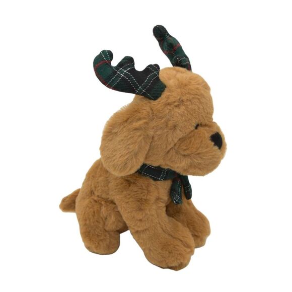Gitzy 9" Plush Brown Puppy Dog with Green & Red Plaid Antlers Stuffed Toy - Picture 3 of 5